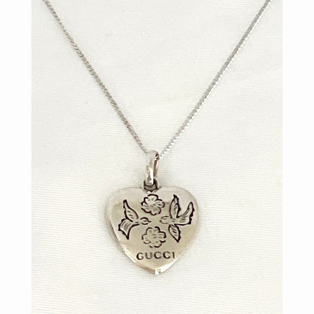 GUCCI 925 Sterling Silver Heart Necklace Pendant Floral & Bird Blind For Love